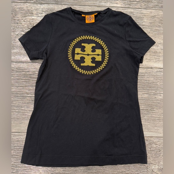 Tory Burch Black T-Shirt with Gold Logo - Picture 2 of 7
